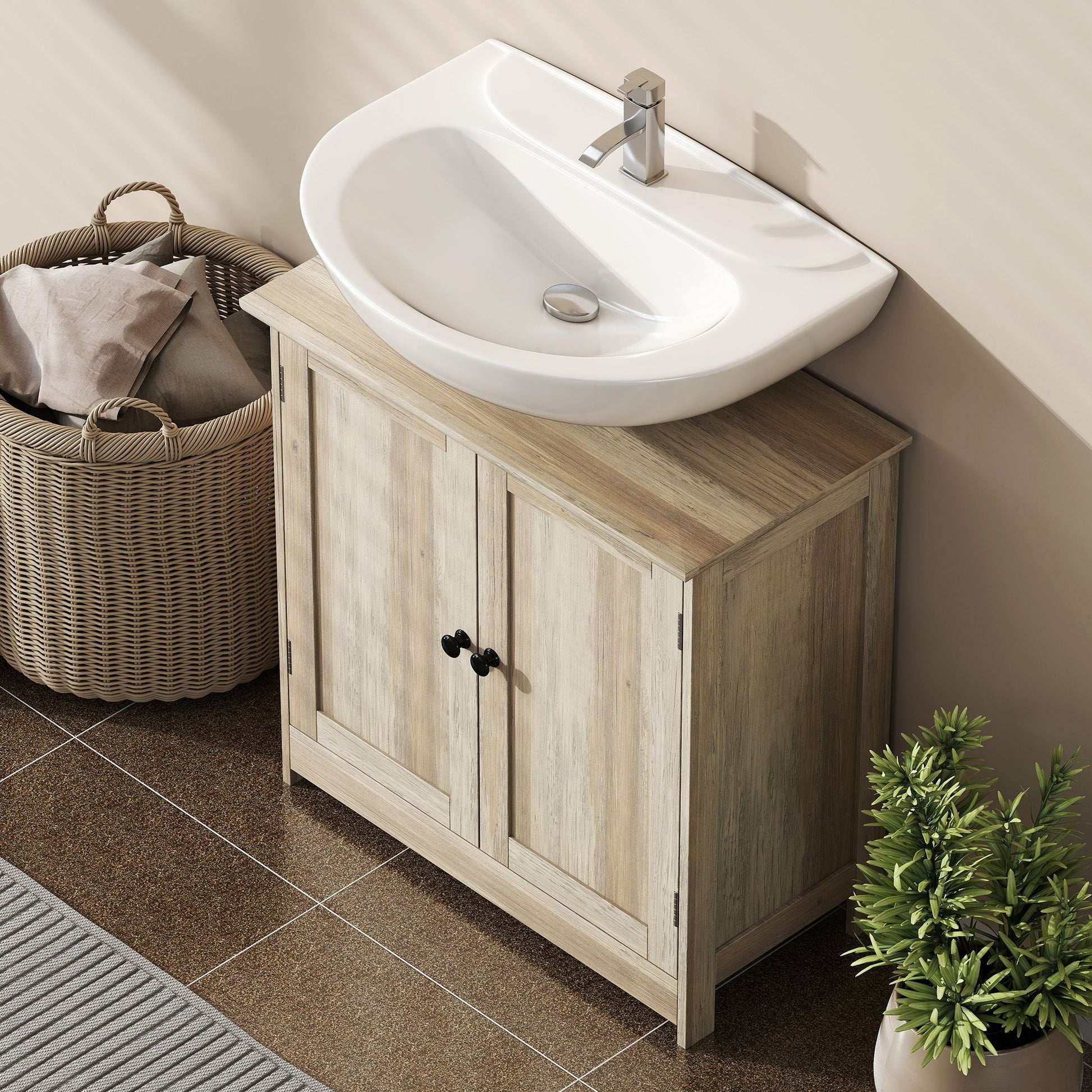 HOMCOM Under-Sink Bathroom Vanity Cabinet, Weathered Gray Oak