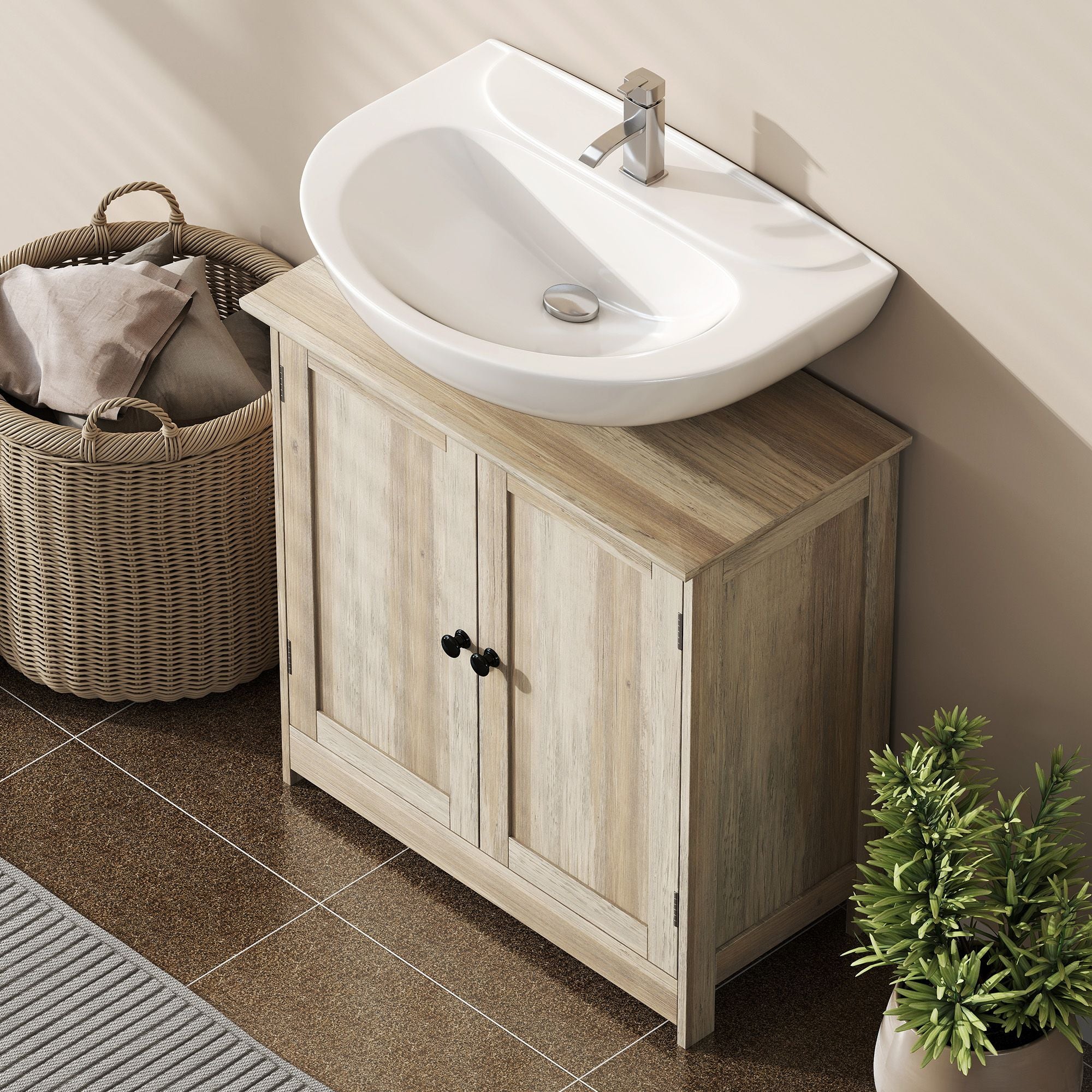 HOMCOM Under-Sink Bathroom Vanity Cabinet, Weathered Gray Oak