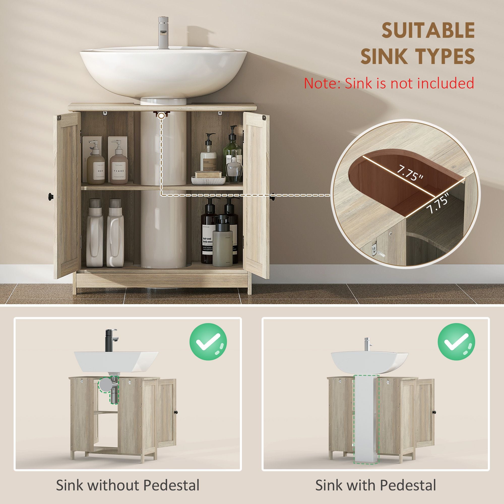 HOMCOM Under-Sink Bathroom Vanity Cabinet, Weathered Gray Oak