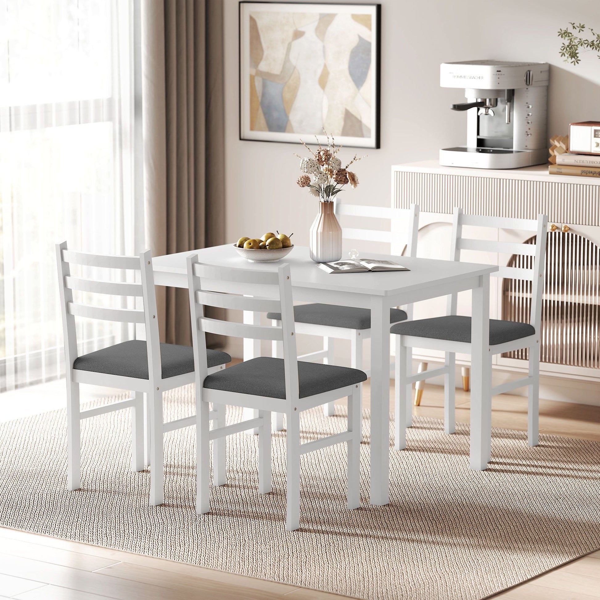 HOMCOM 5-Piece Farmhouse Dining Table and Chair Set, White & Gray