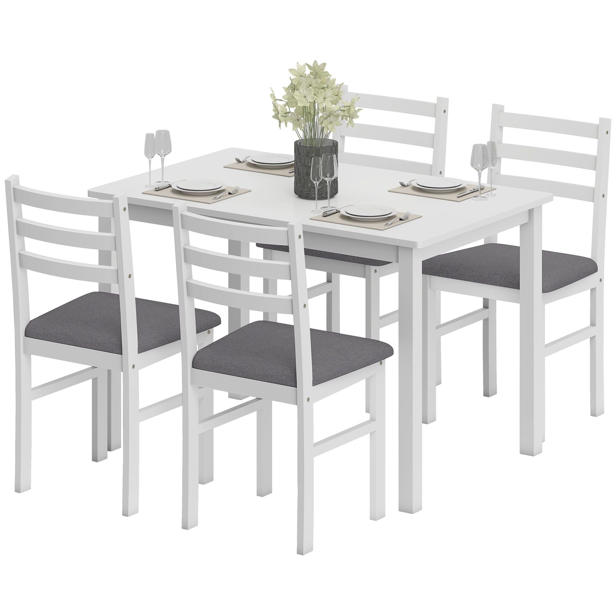 HOMCOM 5-Piece Farmhouse Dining Table and Chair Set, White & Gray