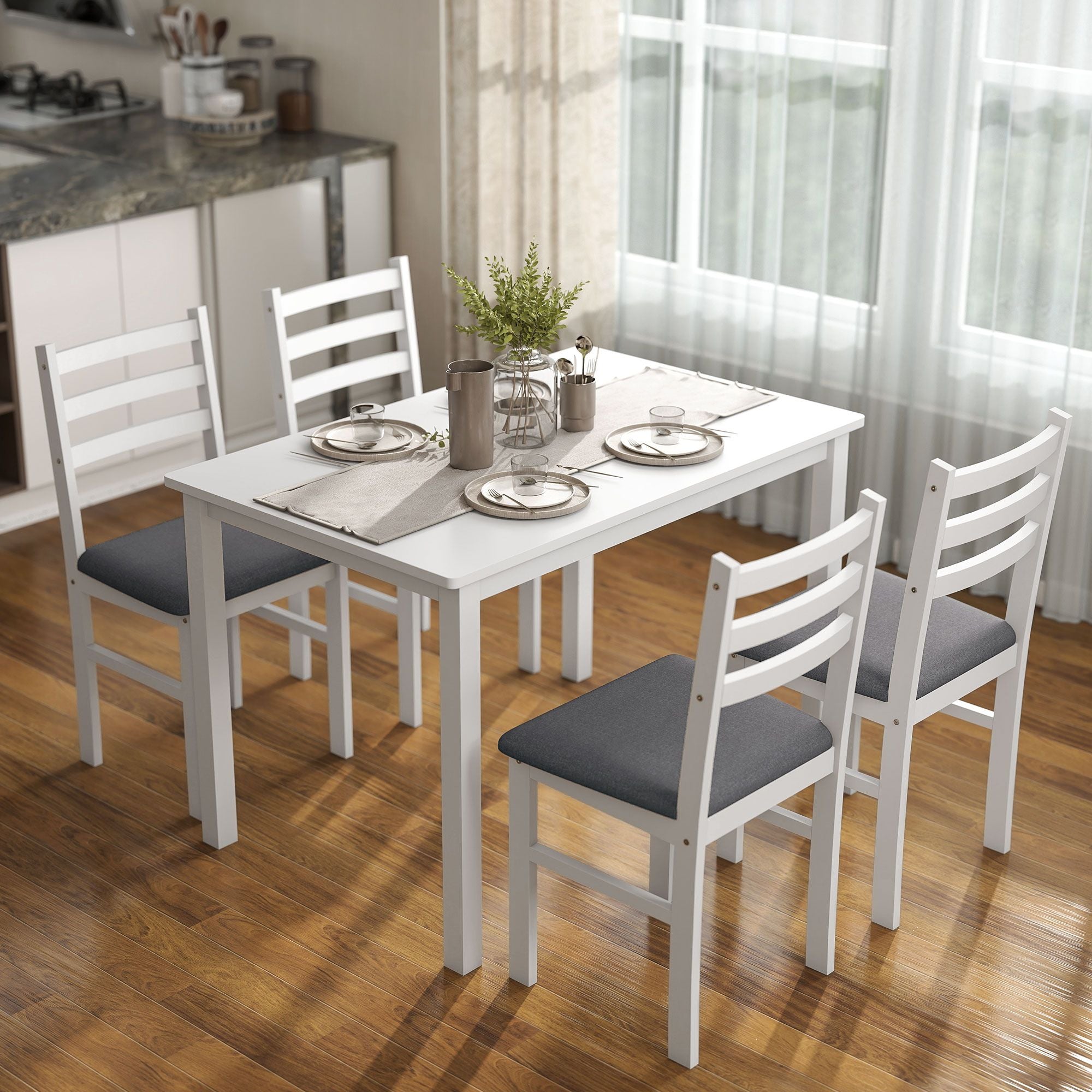 HOMCOM 5-Piece Farmhouse Dining Table and Chair Set, White & Gray