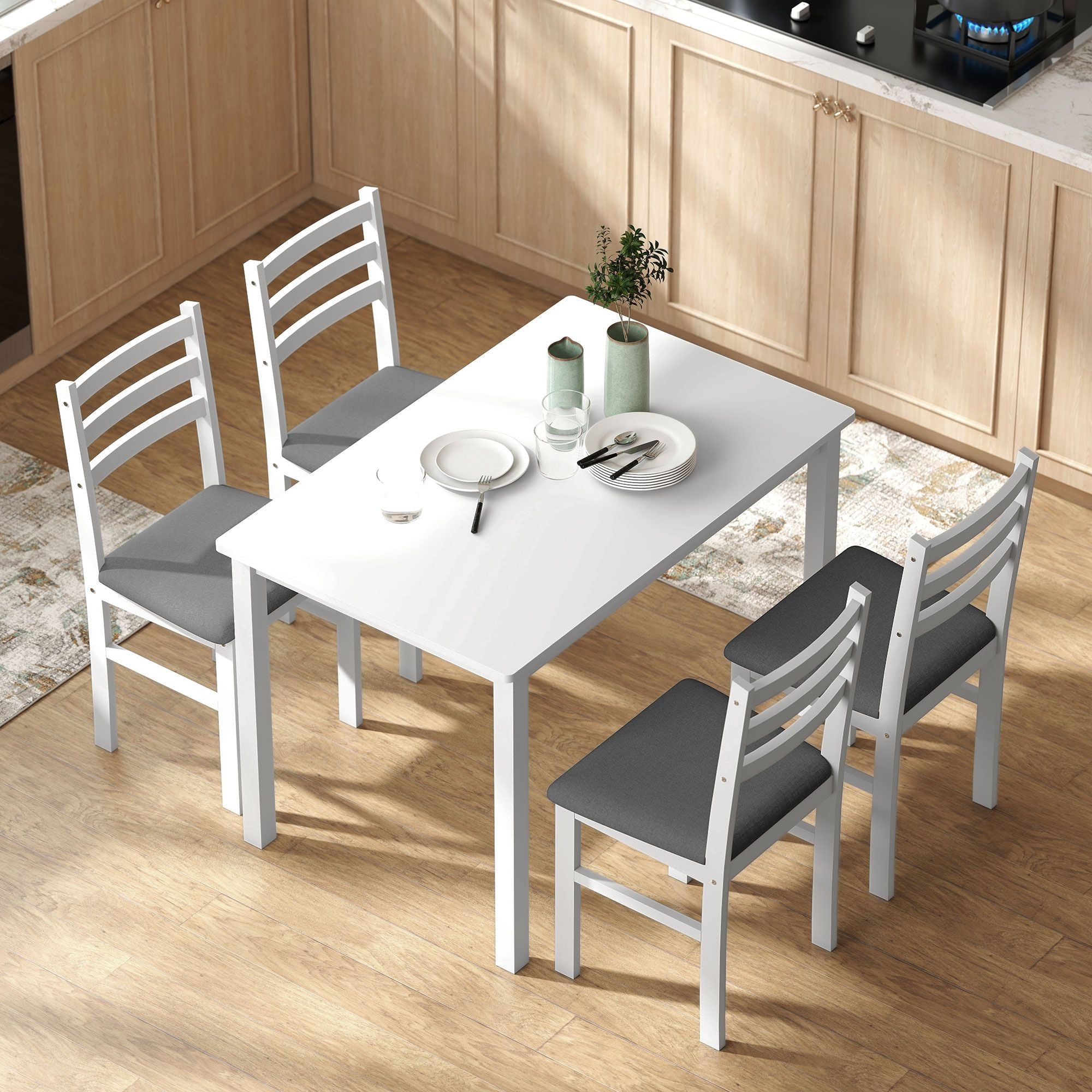 HOMCOM 5-Piece Farmhouse Dining Table and Chair Set, White & Gray