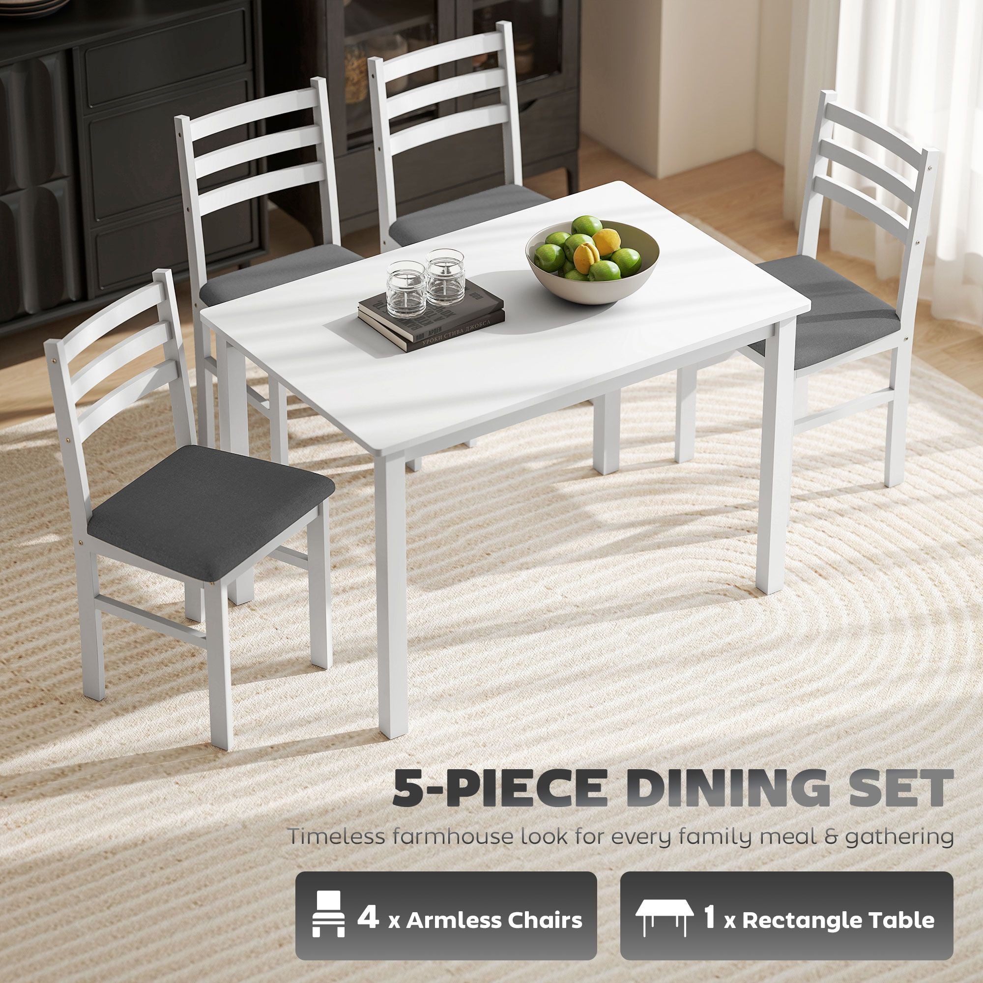 HOMCOM 5-Piece Farmhouse Dining Table and Chair Set, White & Gray