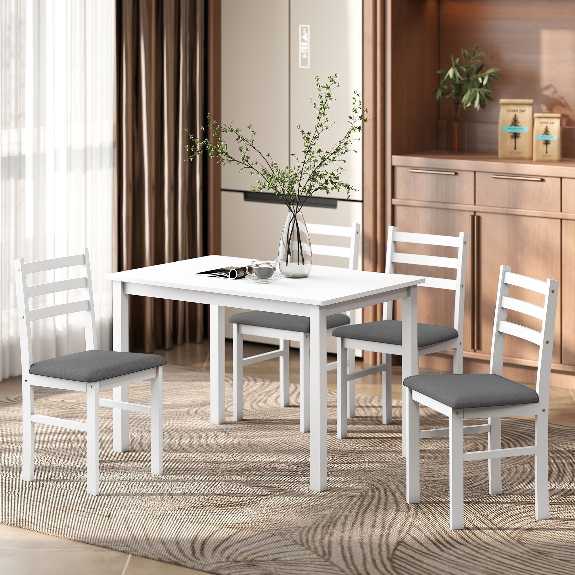 HOMCOM 5-Piece Farmhouse Dining Table and Chair Set, White & Gray