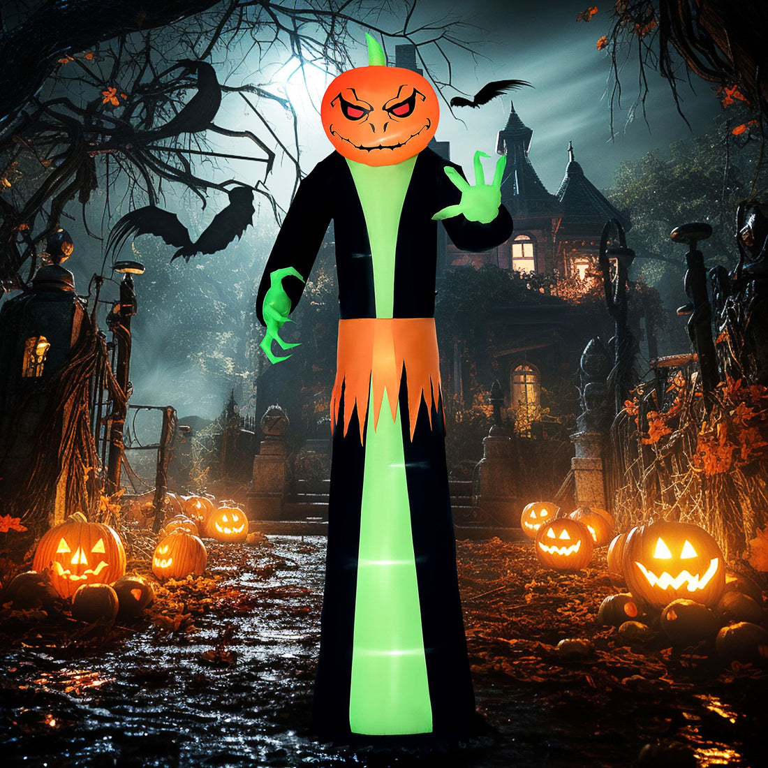 9' Halloween Inflatables Outdoor Decorations Pumpkin Head Ghost, Blow Up LED Yard Decor for Garden, Lawn, Party, Holiday, Waterproof