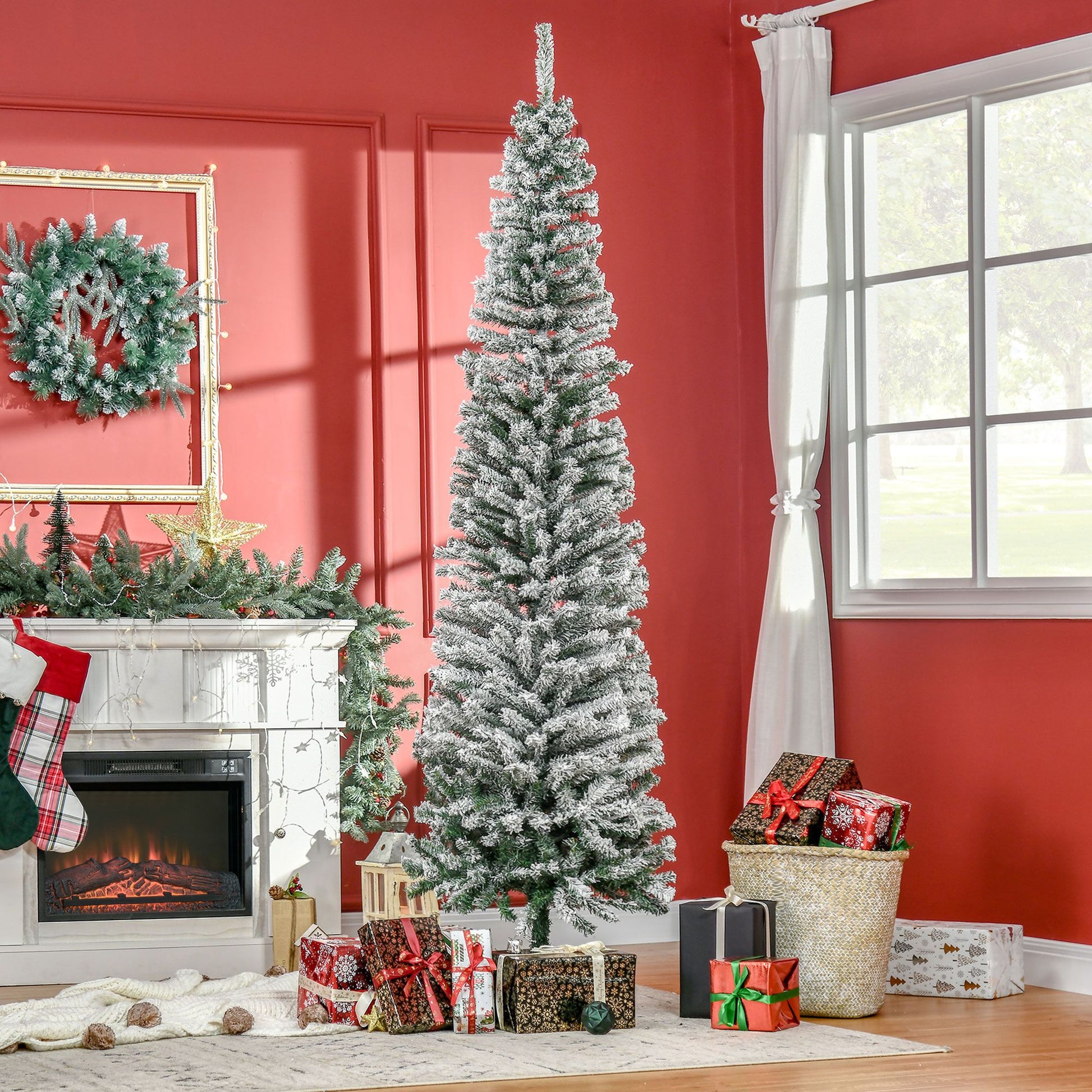 HOMCOM 7.5 ft Snow-Flocked Slim Artificial Christmas Tree, Green