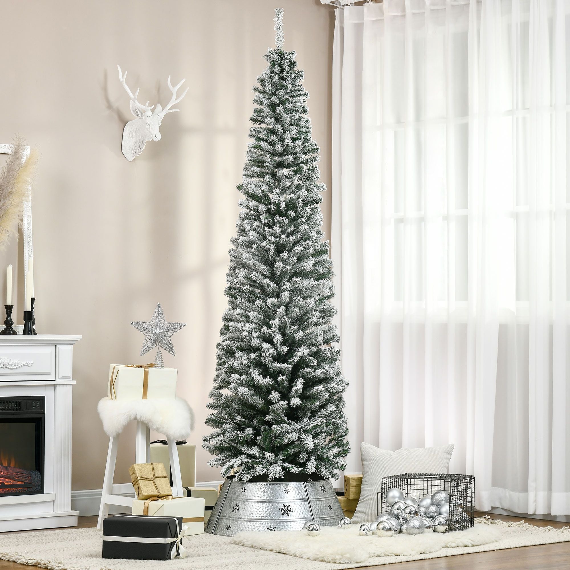HOMCOM 7.5 ft Snow-Flocked Slim Artificial Christmas Tree, Green