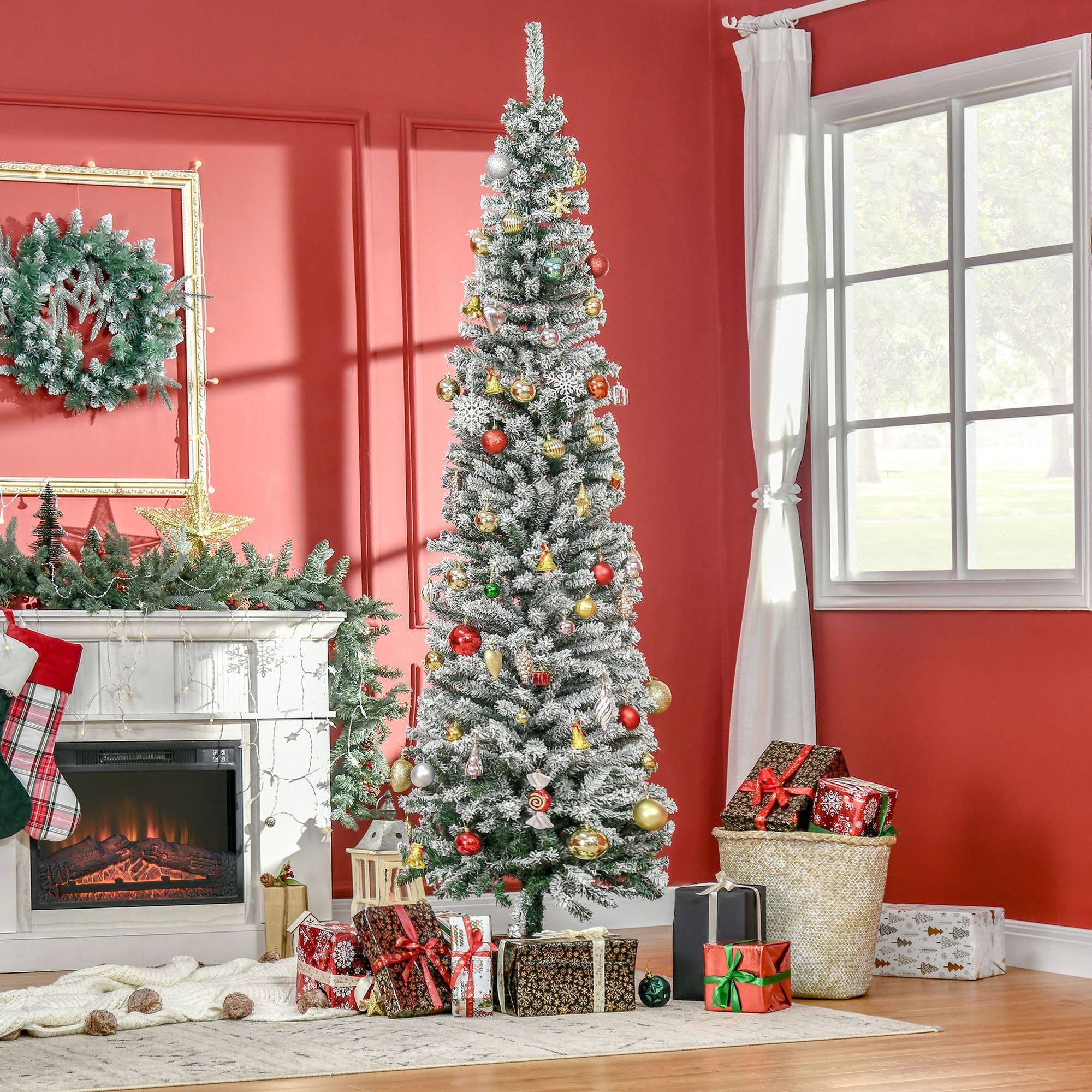 HOMCOM 7.5 ft Snow-Flocked Slim Artificial Christmas Tree, Green