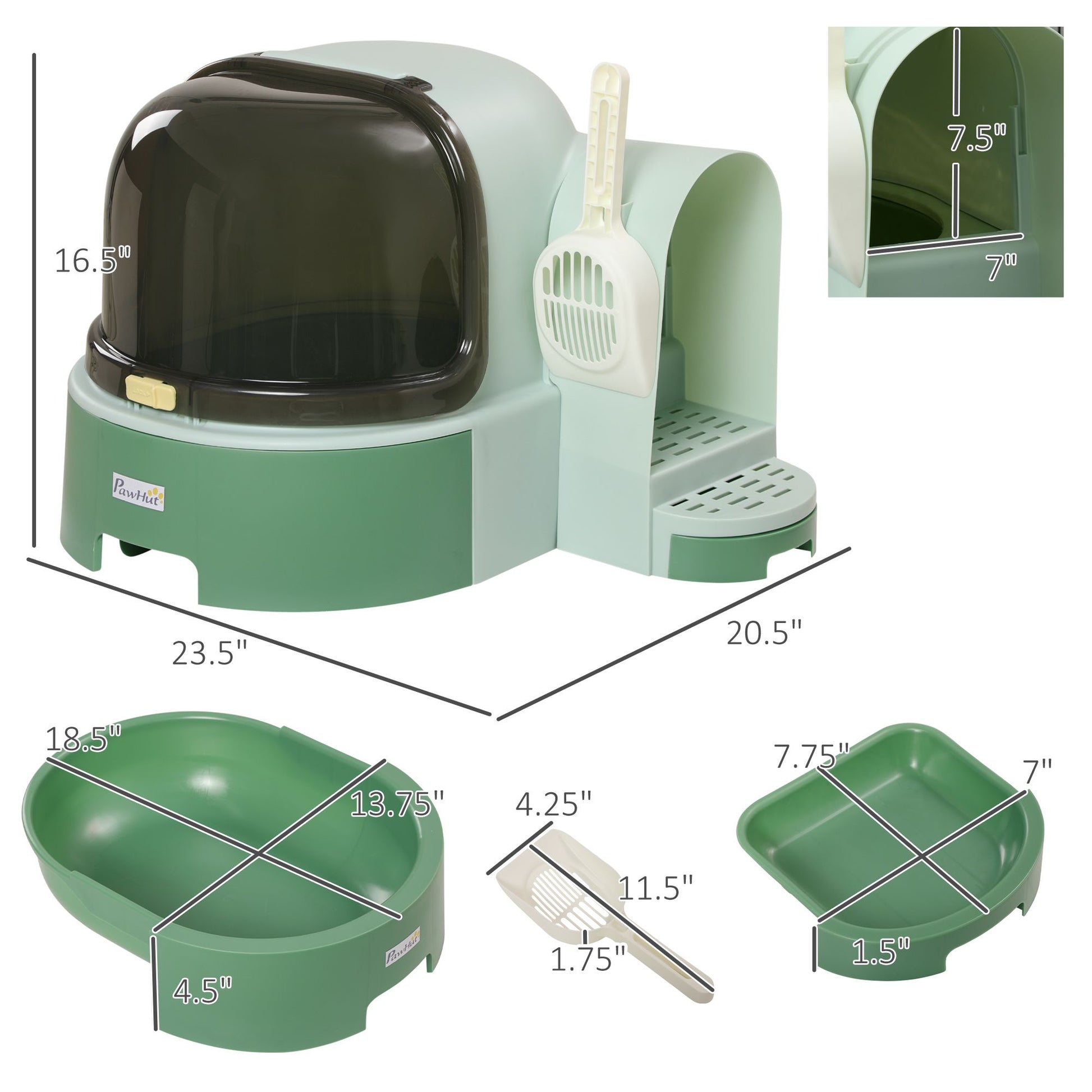 PawHut Enclosed Cat Litter Box with Removable Tray and Scoop, Green - product view 3