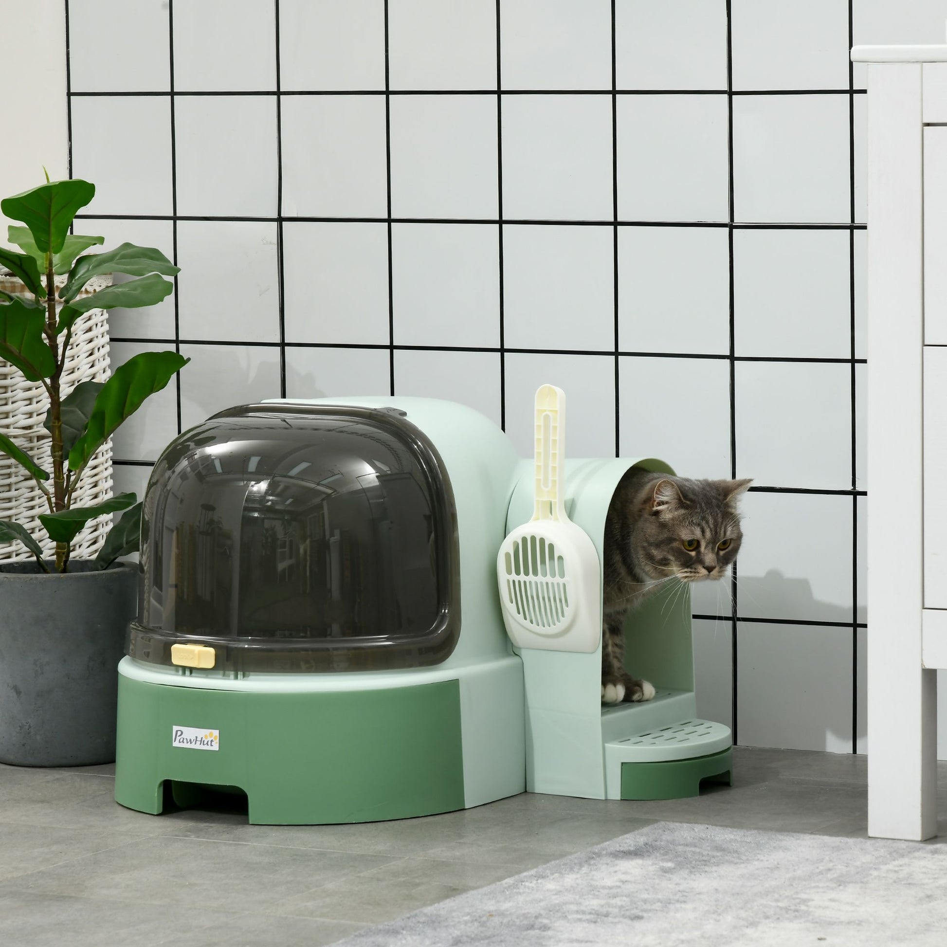 PawHut Enclosed Cat Litter Box with Removable Tray and Scoop, Green - product view 2