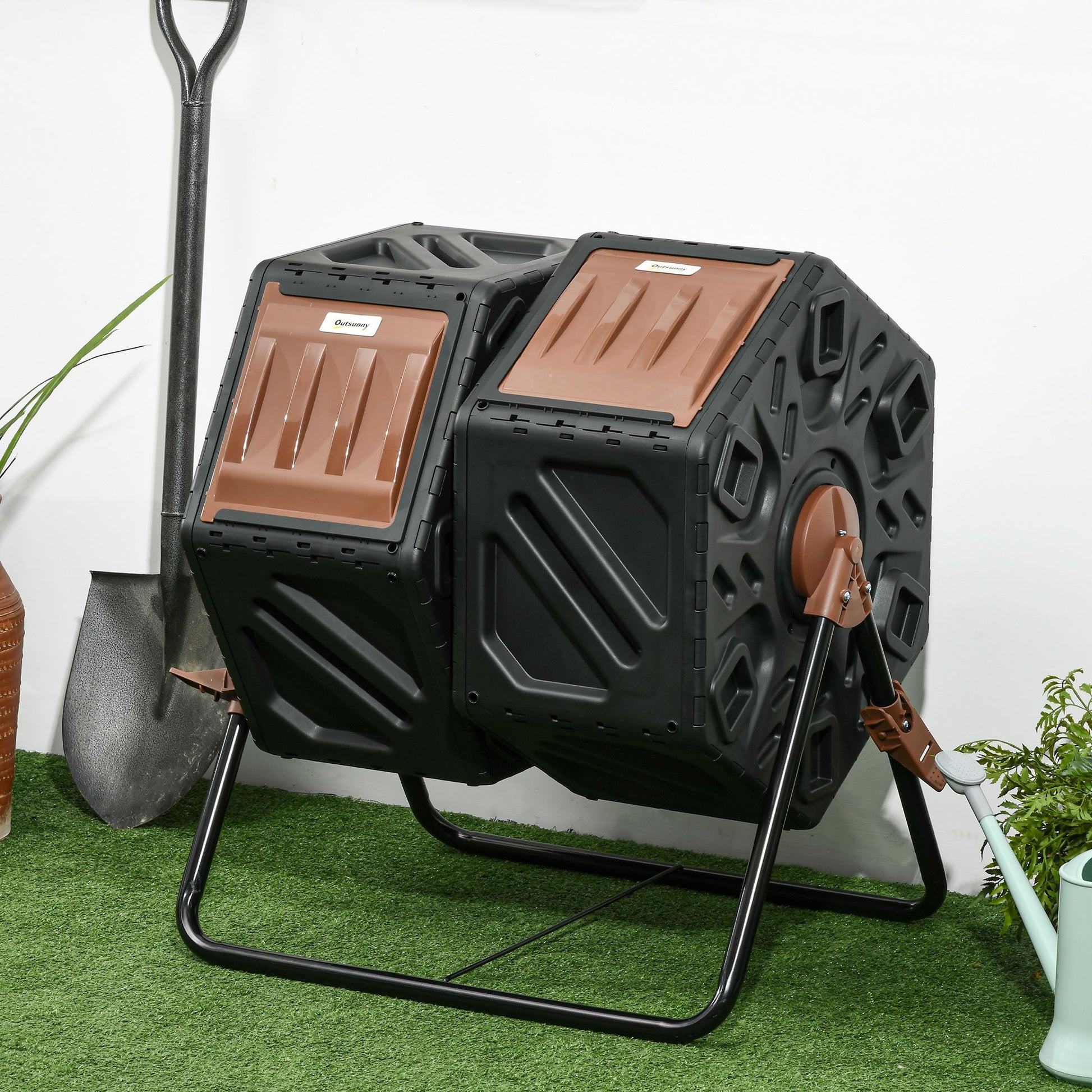 Outsunny Dual-Chamber Tumbling Compost Bin with Ventilation, Black