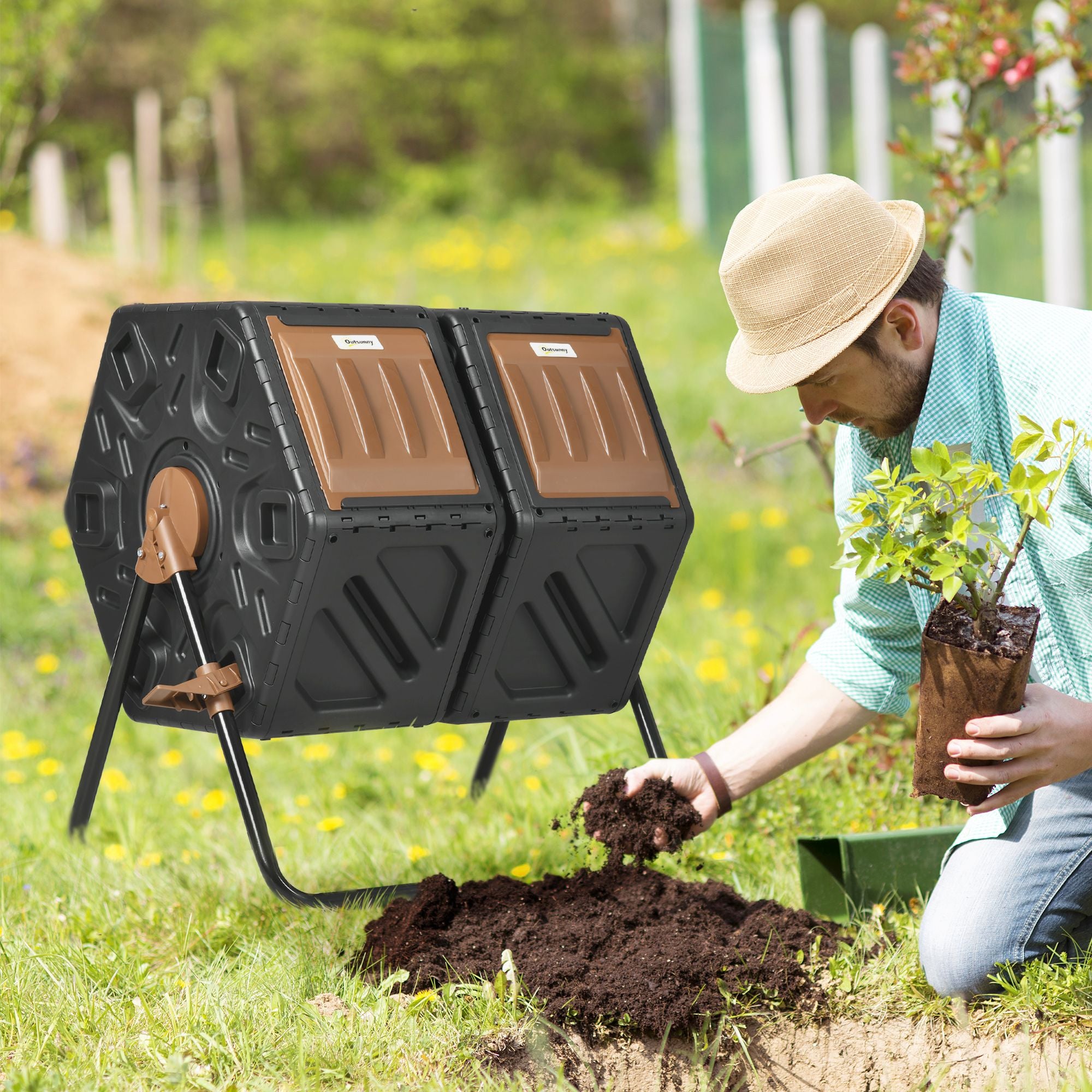 Outsunny Dual-Chamber Tumbling Compost Bin with Ventilation, Black