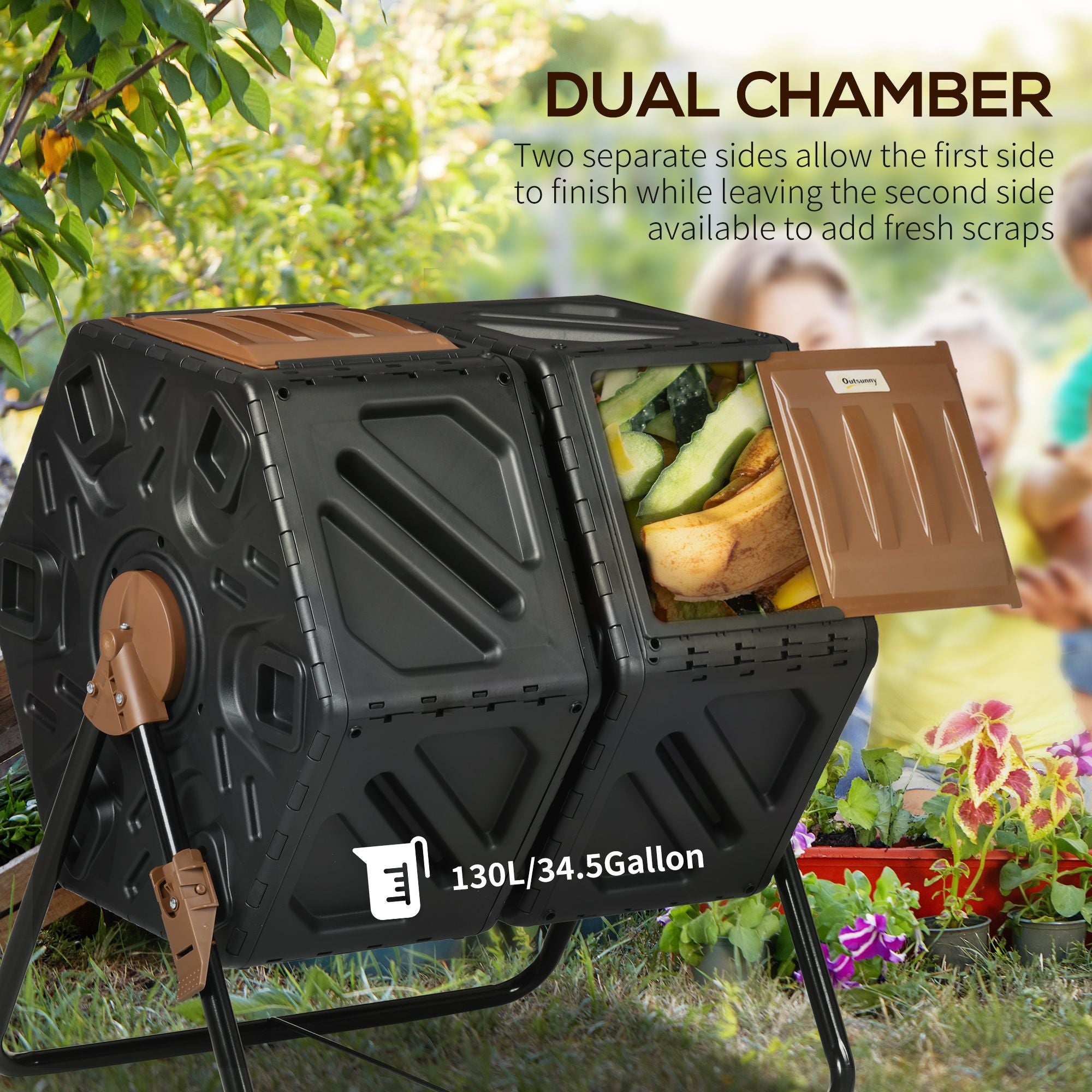 Outsunny Dual-Chamber Tumbling Compost Bin with Ventilation, Black