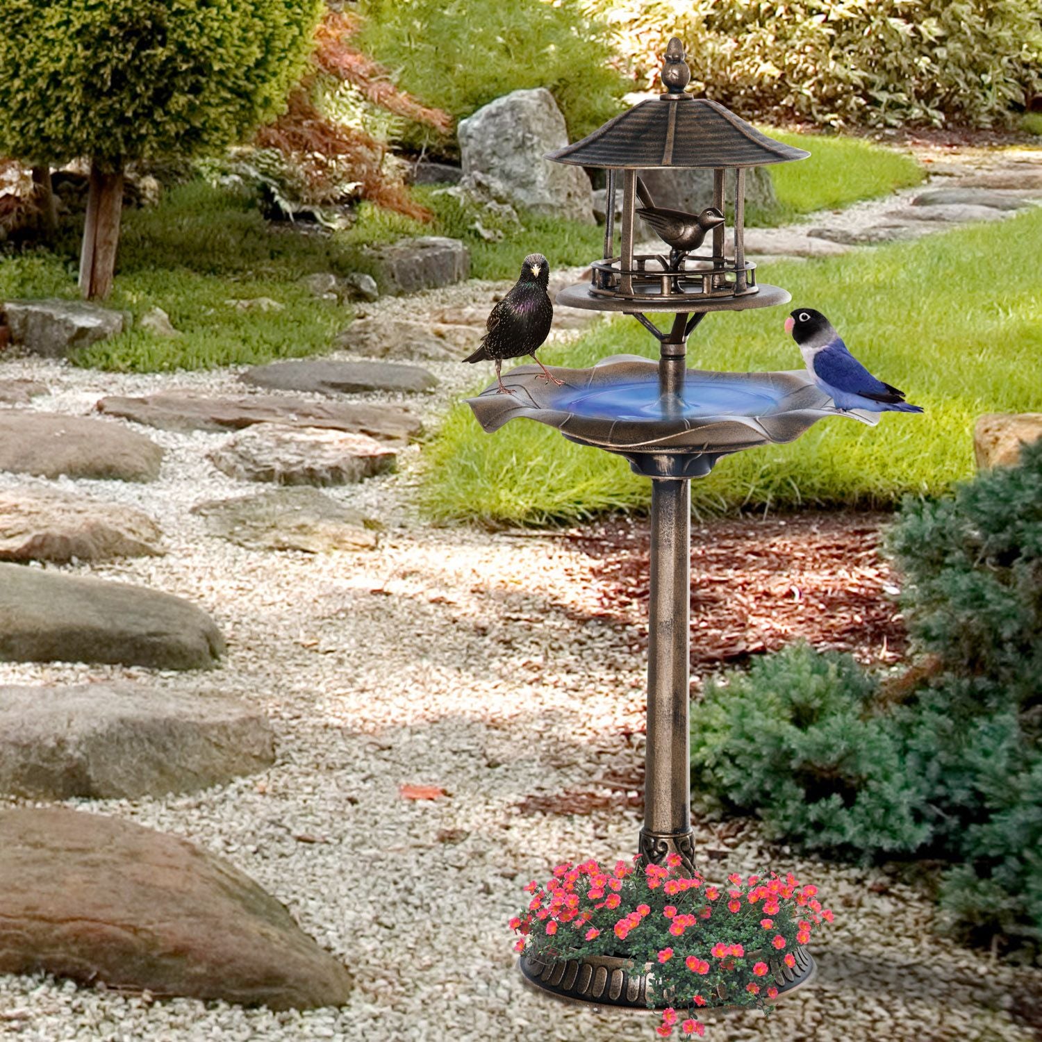 Outsunny 3-in-1 Pedestal Bird Bath with Feeder and Planter, Bronze