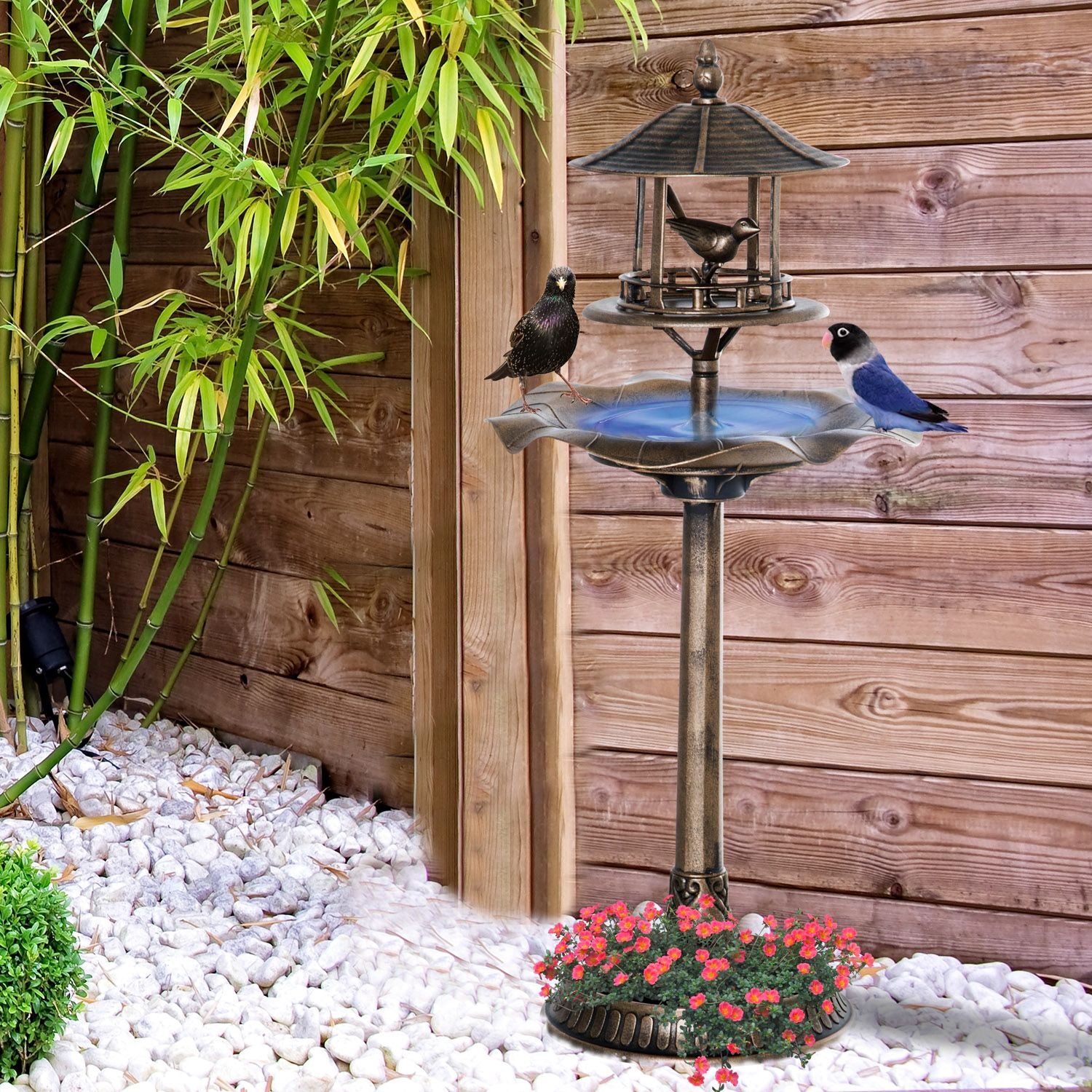 Outsunny 3-in-1 Pedestal Bird Bath with Feeder and Planter, Bronze