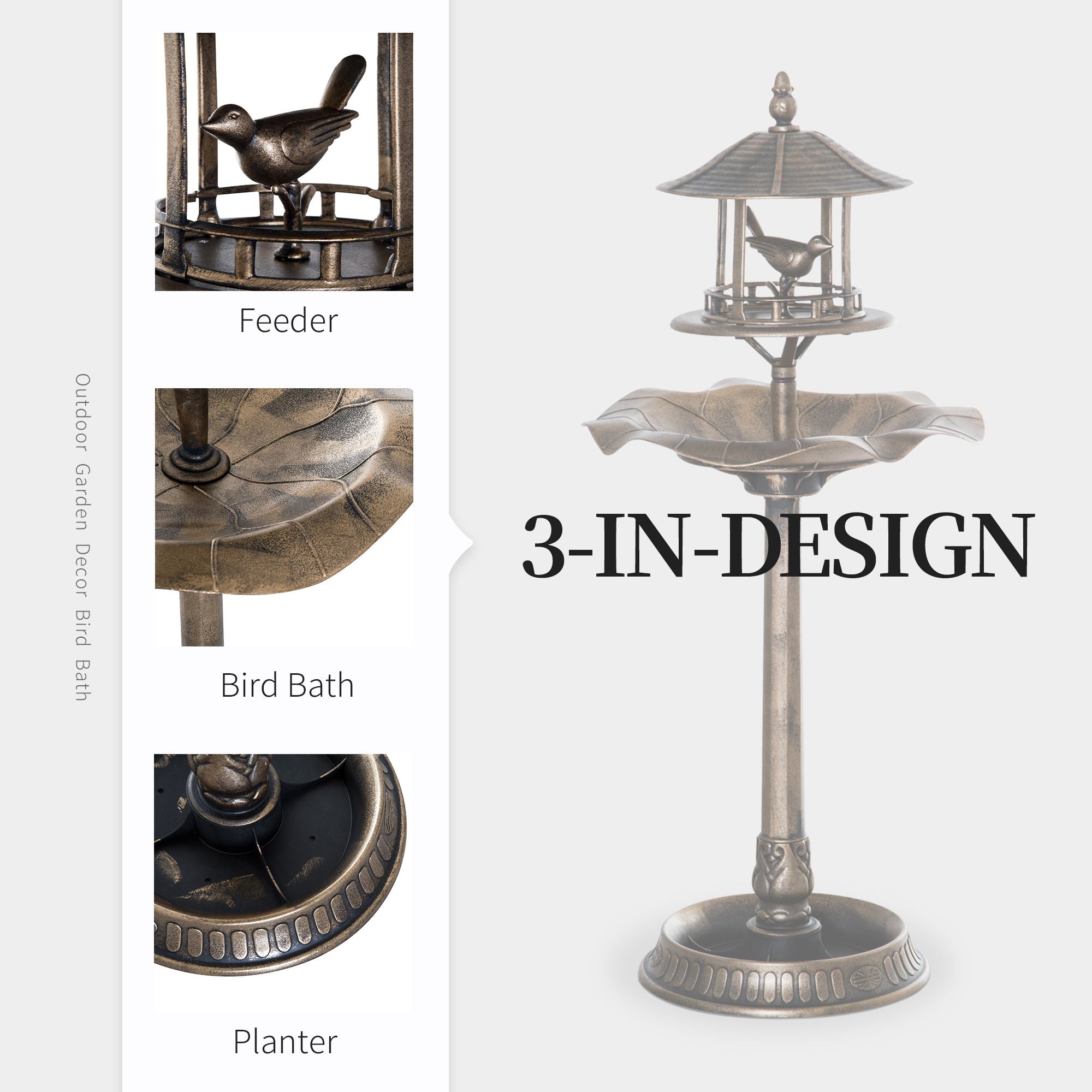 Outsunny 3-in-1 Pedestal Bird Bath with Feeder and Planter, Bronze
