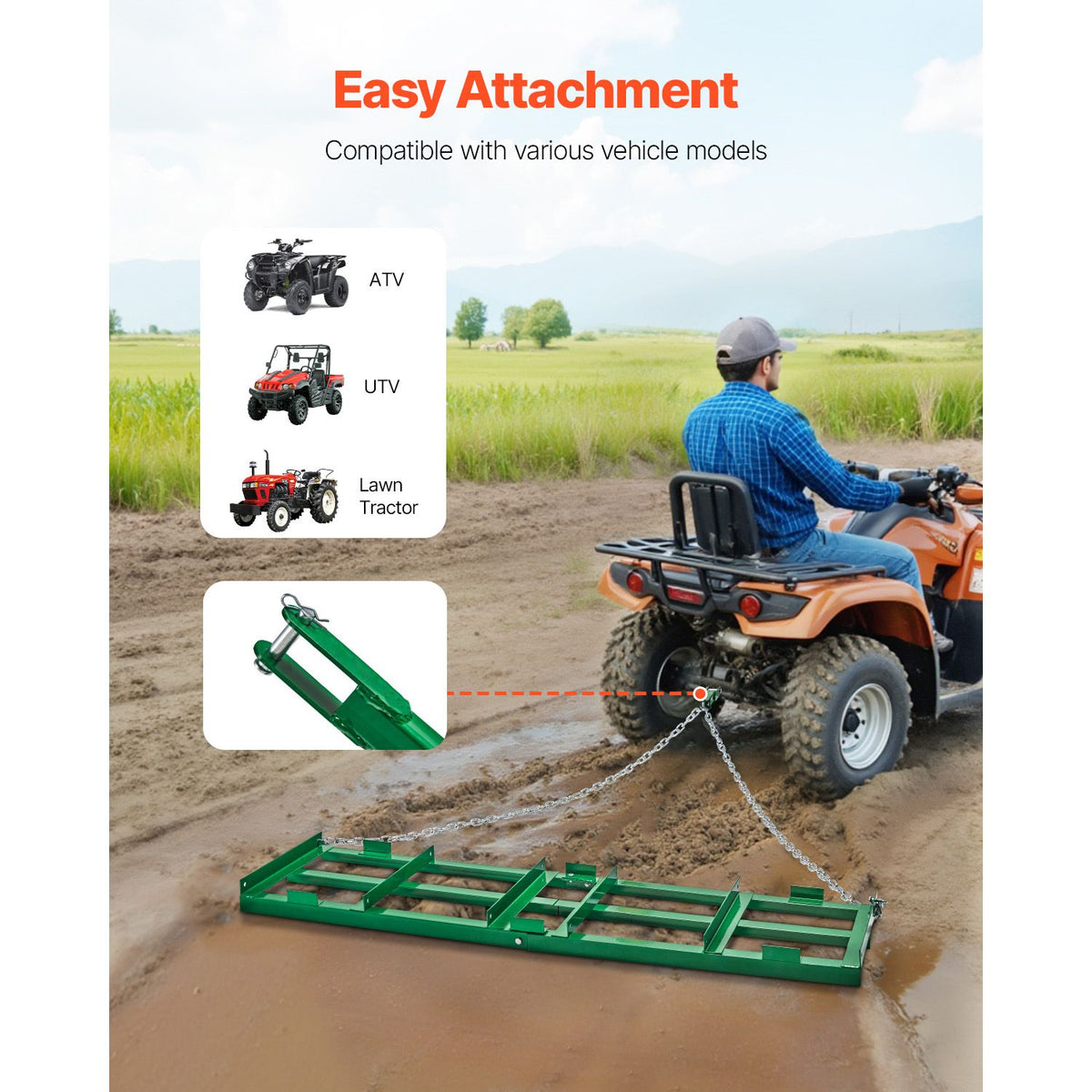 VEVOR 6 ft Tow-Behind Drag Harrow with 72 in Chain