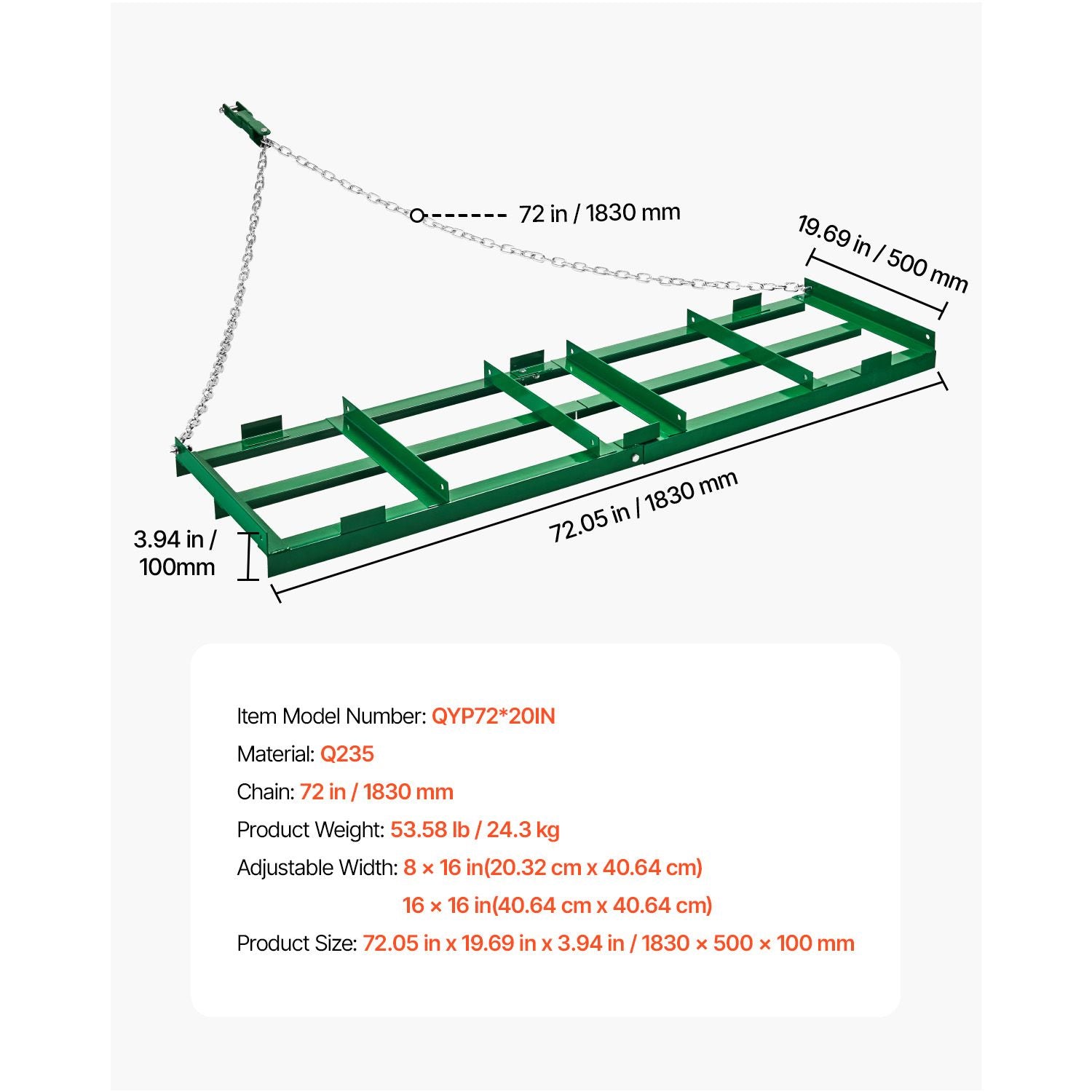 VEVOR 6 ft Tow-Behind Drag Harrow with 72 in Chain