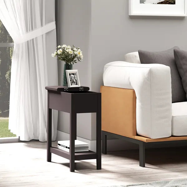 Dark Coffee End Side Table with Flip Top Storage Hinge Cabinet Bottom Shelf Sturdy Base for Living Room - product image 2