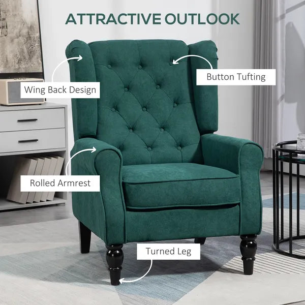HOMCOM Dark Green High Wingback Lounge Chair, Button-Tufted with Round Armrests, Wood Legs for Living Room - product image 4