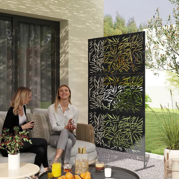 Outsunny Decorative Privacy Fence Screen, Metal Outdoor Privacy Screen Climbing Plant Trellis with Stand, Bamboo Black - product image 2