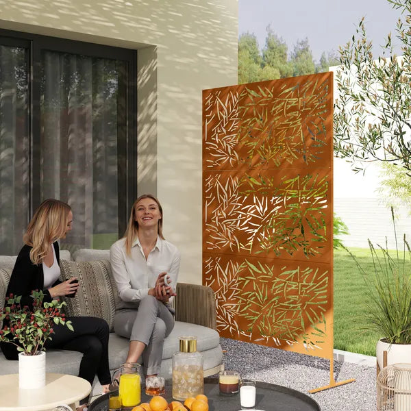 Outsunny Decorative Privacy Fence Screen, Metal Outdoor Privacy Screen Climbing Plant Trellis with Stand, Bamboo Brown - product image 2
