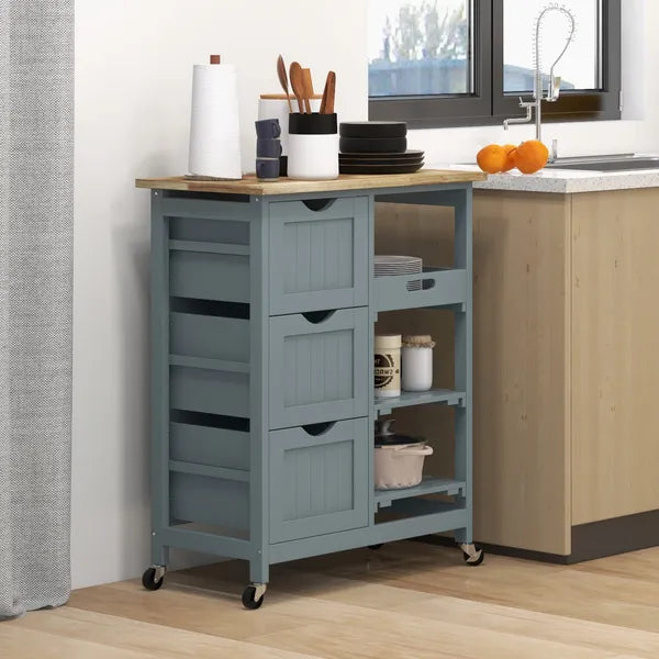HOMCOM Dining Rolling Kitchen Cart, Gray, with Wood Top, Shelves and Drawers - product image 2