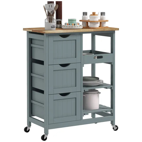 HOMCOM Dining Rolling Kitchen Cart, Gray, with Wood Top, Shelves and Drawers - product image 11