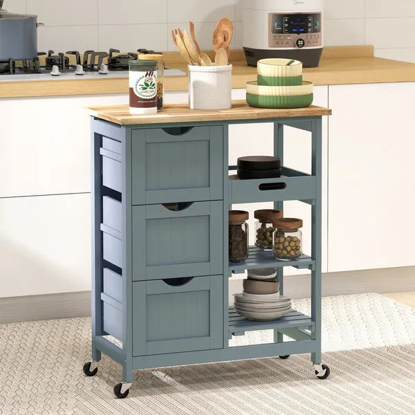 HOMCOM Dining Rolling Kitchen Cart, Gray, with Wood Top, Shelves and Drawers - product image 10