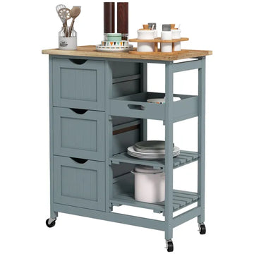 HOMCOM Dining Rolling Kitchen Cart, Gray, with Wood Top, Shelves and Drawers - product image 1