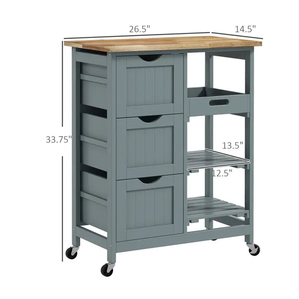 HOMCOM Dining Rolling Kitchen Cart, Gray, with Wood Top, Shelves and Drawers - product image 3