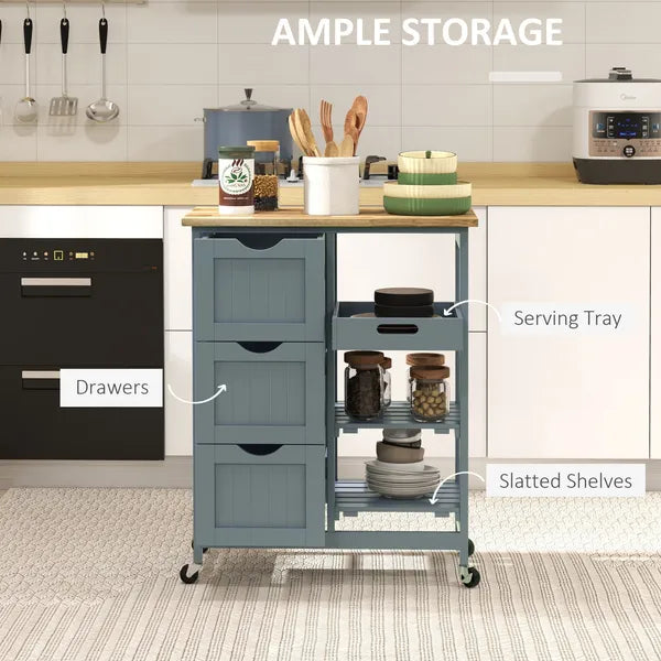 HOMCOM Dining Rolling Kitchen Cart, Gray, with Wood Top, Shelves and Drawers - product image 4