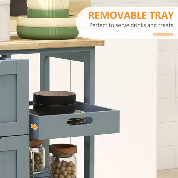 HOMCOM Dining Rolling Kitchen Cart, Gray, with Wood Top, Shelves and Drawers - product image 5