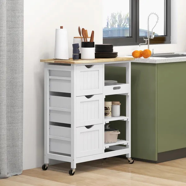HOMCOM Dining Rolling Kitchen Island, White, with Wood Top, Shelves and Drawers - product image 2