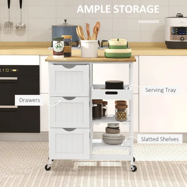 HOMCOM Dining Rolling Kitchen Island, White, with Wood Top, Shelves and Drawers - product image 4
