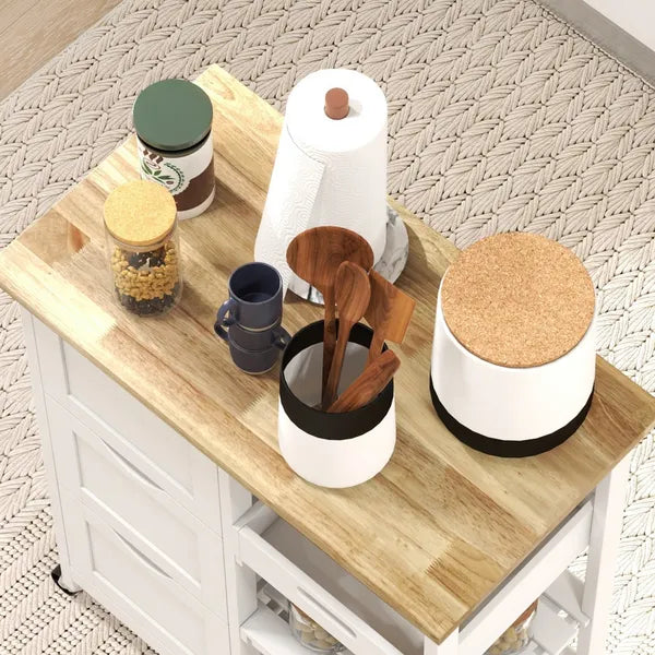 HOMCOM Dining Rolling Kitchen Island, White, with Wood Top, Shelves and Drawers - product image 8