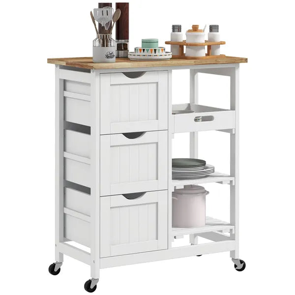 HOMCOM Dining Rolling Kitchen Island, White, with Wood Top, Shelves and Drawers - product image 11