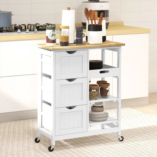 HOMCOM Dining Rolling Kitchen Island, White, with Wood Top, Shelves and Drawers - product image 10