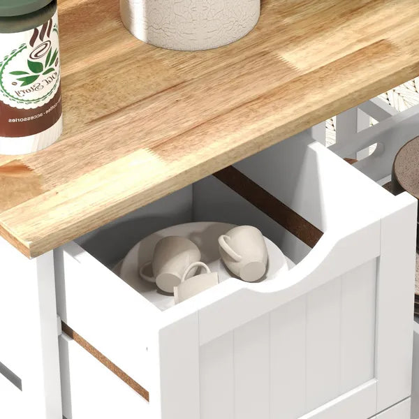 HOMCOM Dining Rolling Kitchen Island, White, with Wood Top, Shelves and Drawers - product image 9