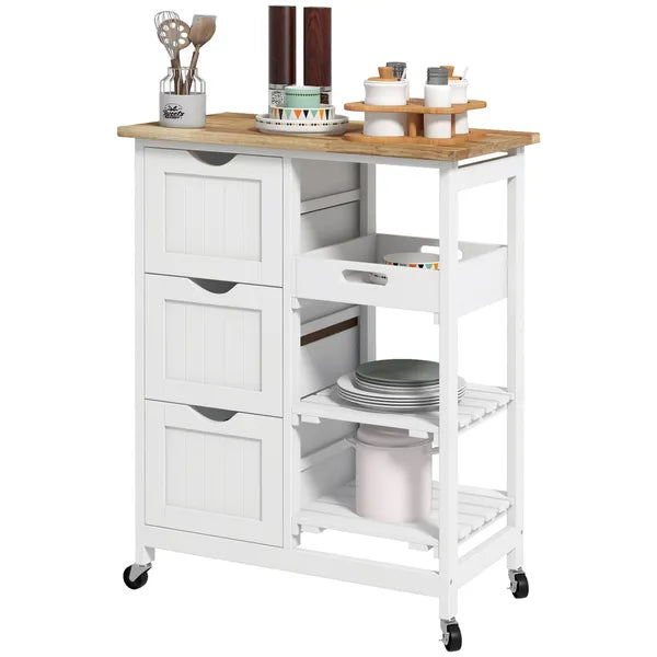 HOMCOM Dining Rolling Kitchen Island, White, with Wood Top, Shelves and Drawers - product image 1