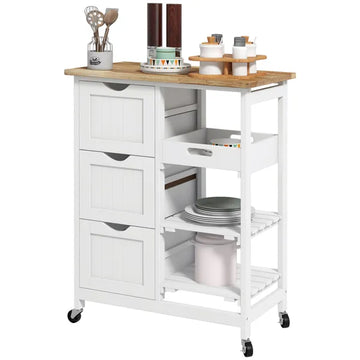HOMCOM Dining Rolling Kitchen Island, White, with Wood Top, Shelves and Drawers - product image 1