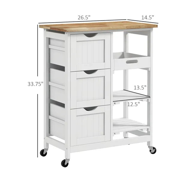 HOMCOM Dining Rolling Kitchen Island, White, with Wood Top, Shelves and Drawers - product image 3