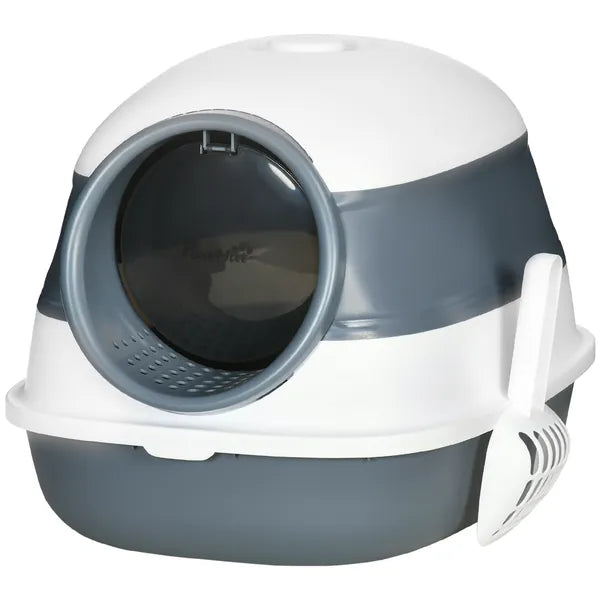 Dome Covered Cat Litter Box, Sleek Design with Lid, White and Gray - product image 11