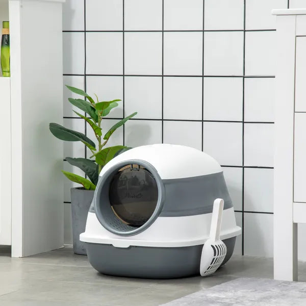 Dome Covered Cat Litter Box, Sleek Design with Lid, White and Gray - product image 10