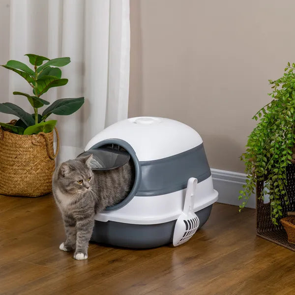 Dome Covered Cat Litter Box, Sleek Design with Lid, White and Gray - product image 2