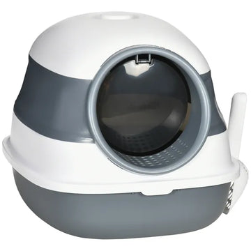 Dome Covered Cat Litter Box, Sleek Design with Lid, White and Gray - product image 1