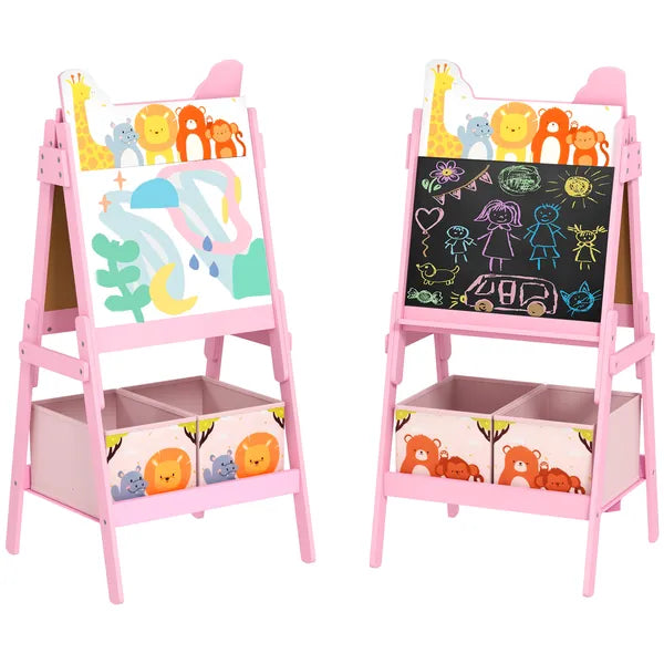 Double Sided Kids Easel with Whiteboard, Chalkboard and Storage Boxes, Pink - product image 11