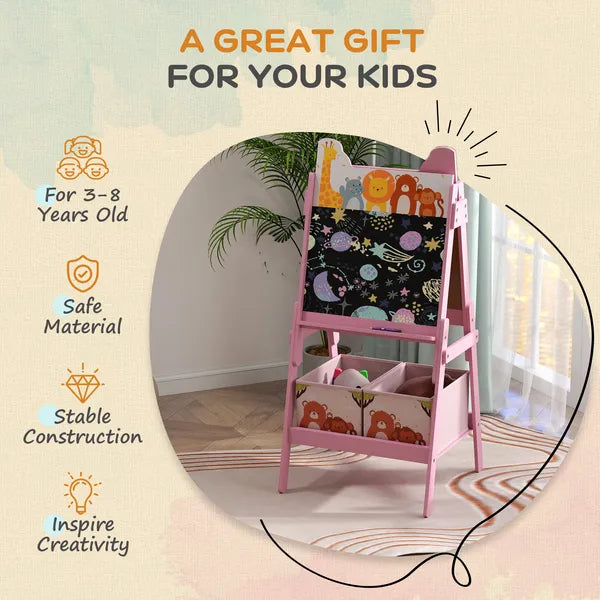 Double Sided Kids Easel with Whiteboard, Chalkboard and Storage Boxes, Pink - product image 6