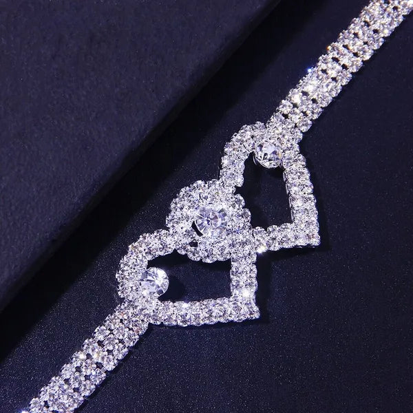 Double Heart Crystal Anklet Bracelet with Rhinestone Accents - product view 4